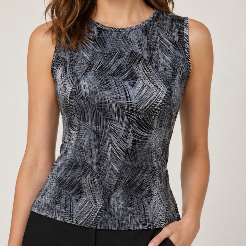 Plisse Tank Small Black White Abstract Palm Leaf Pleated Sleeveless Cropped 90s